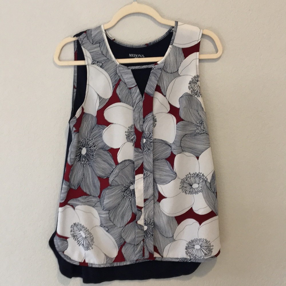 Sleeveless navy and red print blouse